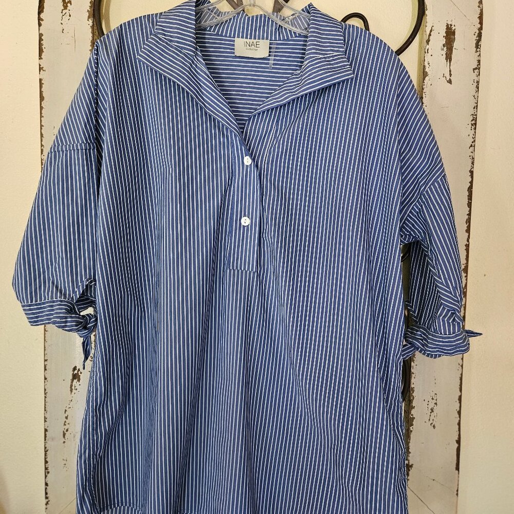 INAE Collection Women`s Striped Button down Short Sleeve Shirt Top